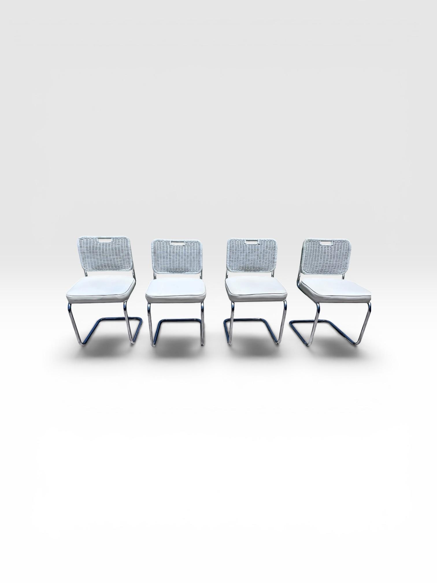 Vintage Set of Four Chrome Cantilever Dining Chairs With White Woven Rattan Backs - 2