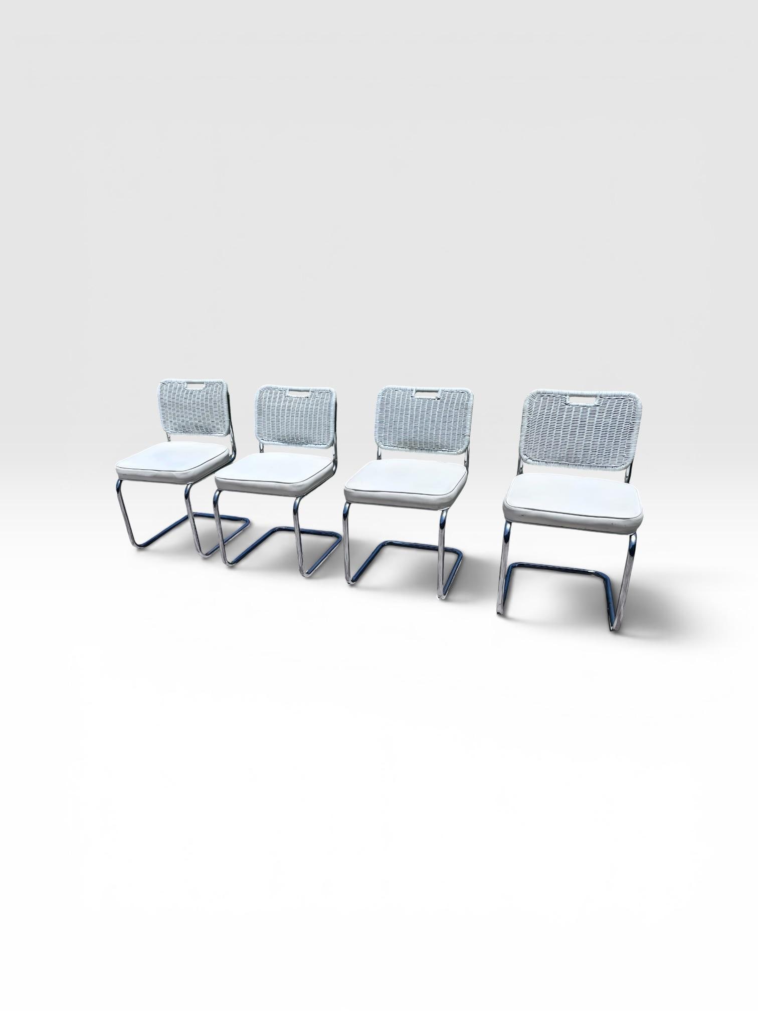 Vintage Set of Four Chrome Cantilever Dining Chairs With White Woven Rattan Backs - 3
