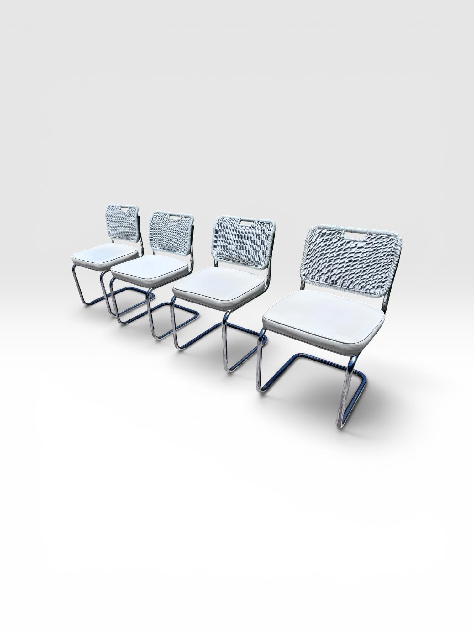 Vintage Set of Four Chrome Cantilever Dining Chairs With White Woven Rattan Backs - 4