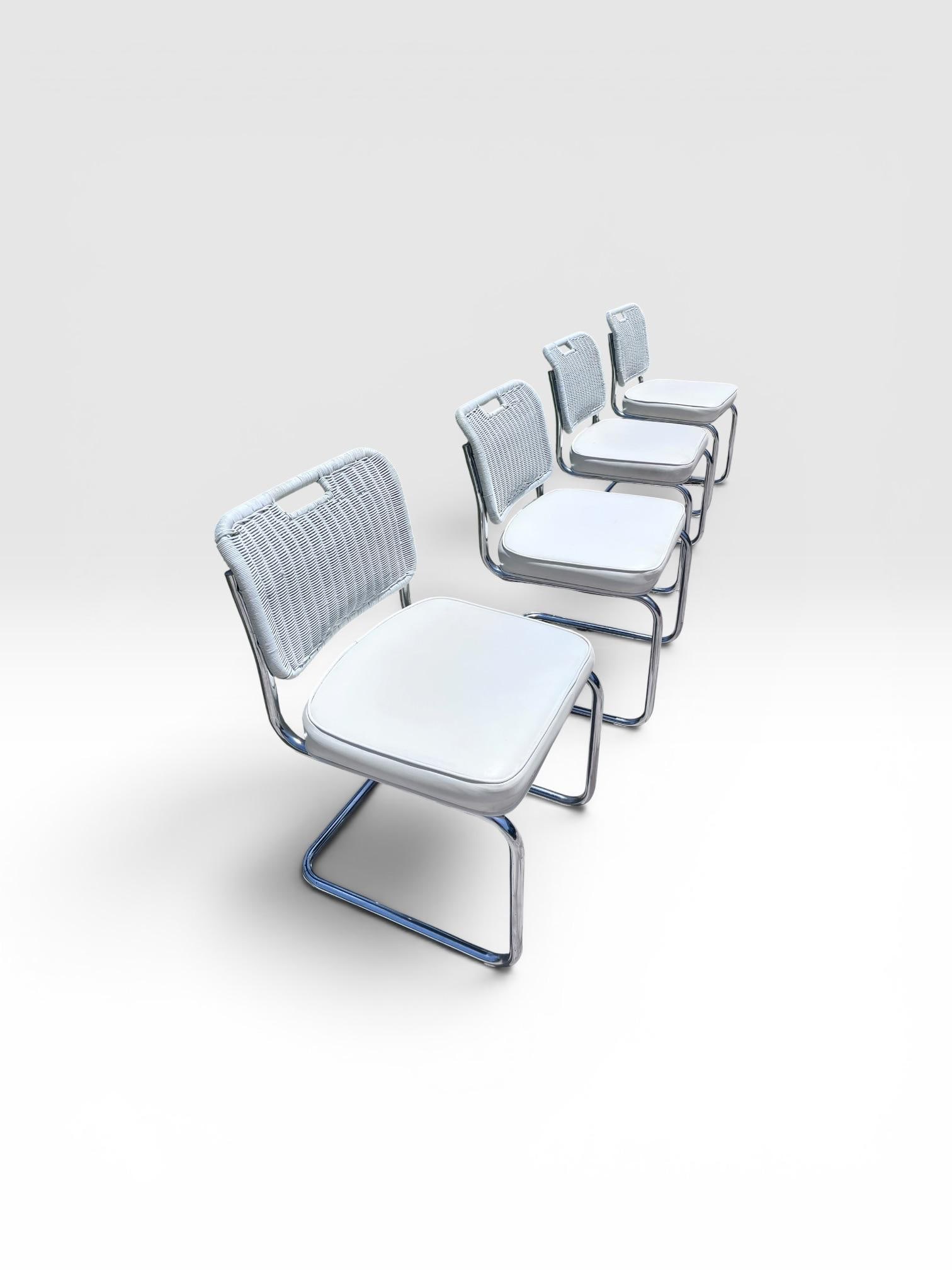 Vintage Set of Four Chrome Cantilever Dining Chairs With White Woven Rattan Backs - 5