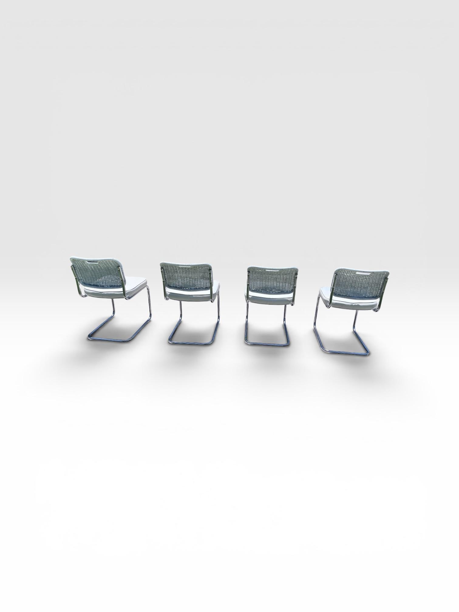Vintage Set of Four Chrome Cantilever Dining Chairs With White Woven Rattan Backs - 6