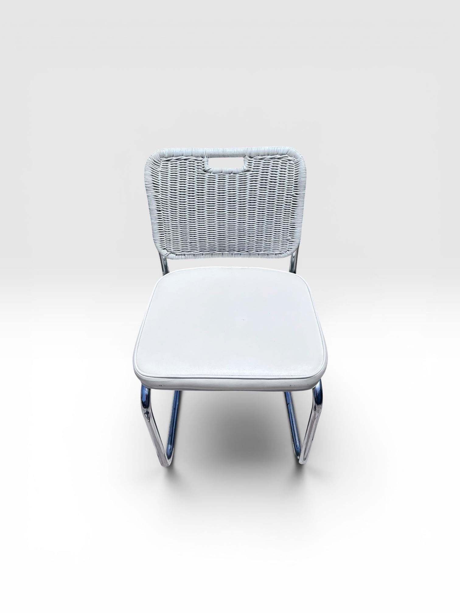 Vintage Set of Four Chrome Cantilever Dining Chairs With White Woven Rattan Backs - 8
