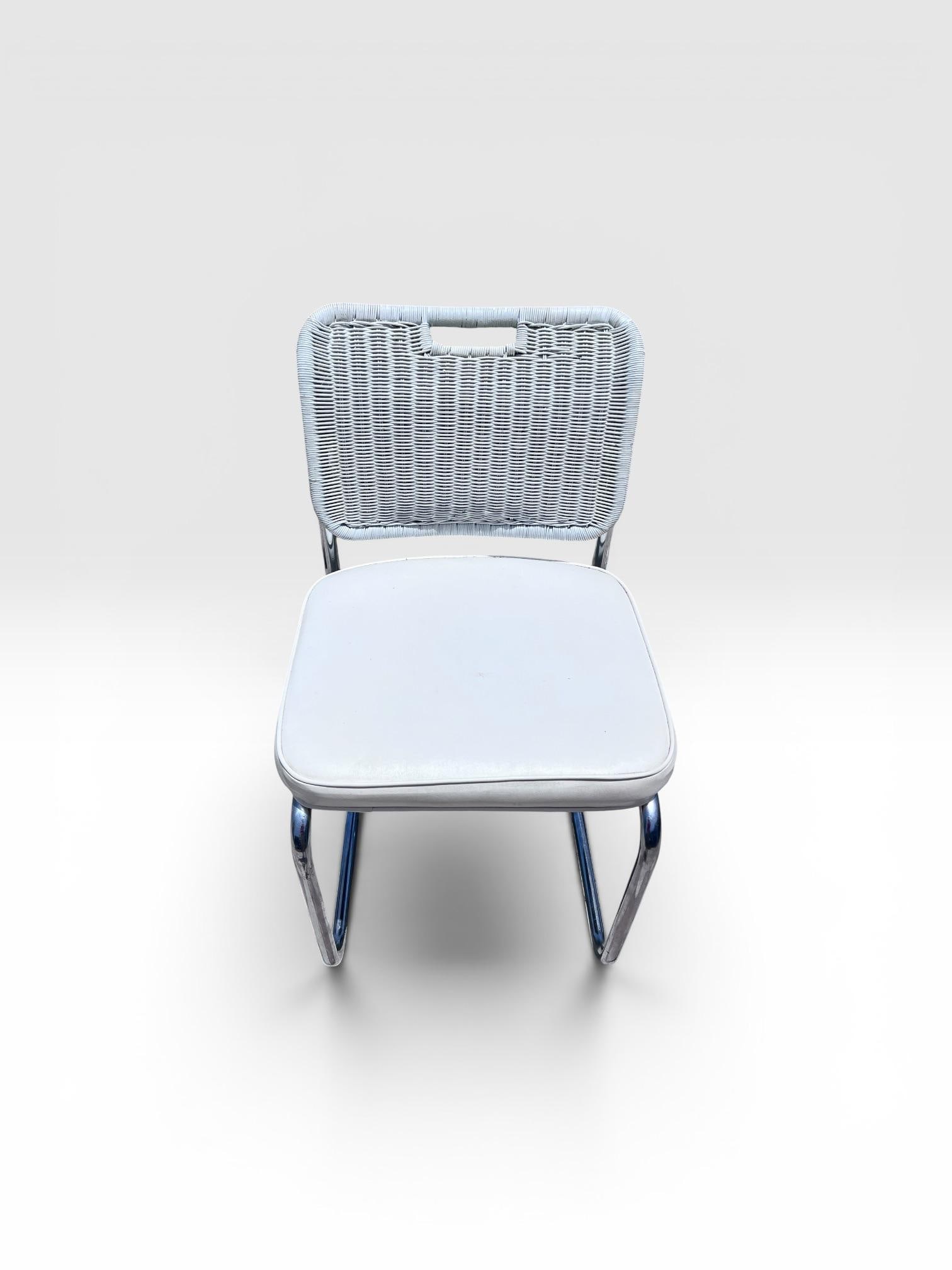 Vintage Set of Four Chrome Cantilever Dining Chairs With White Woven Rattan Backs - 9
