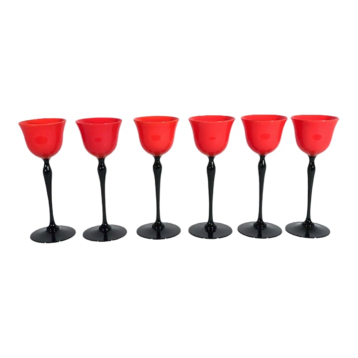 1920s Czech Art Deco Tango Glass Red & Black Cordial Glasses — Set of 6: Pure jazz-age glamour: a set of six Czech Art Deco "Tango" glasses from the 1920s, each with a tomato-red tulip bowl perched on a glossy black stem and foot. That electric red-on-black pairing is the