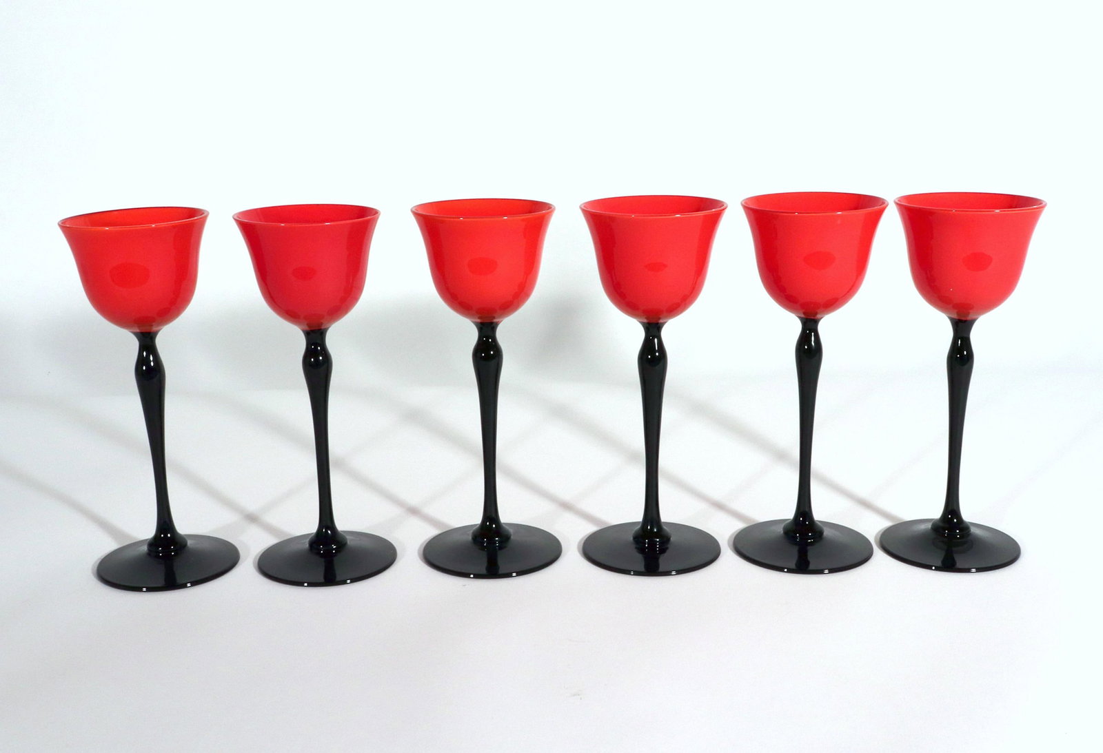 1920s Czech Art Deco Tango Glass Red & Black Cordial Glasses — Set of 6 - 8
