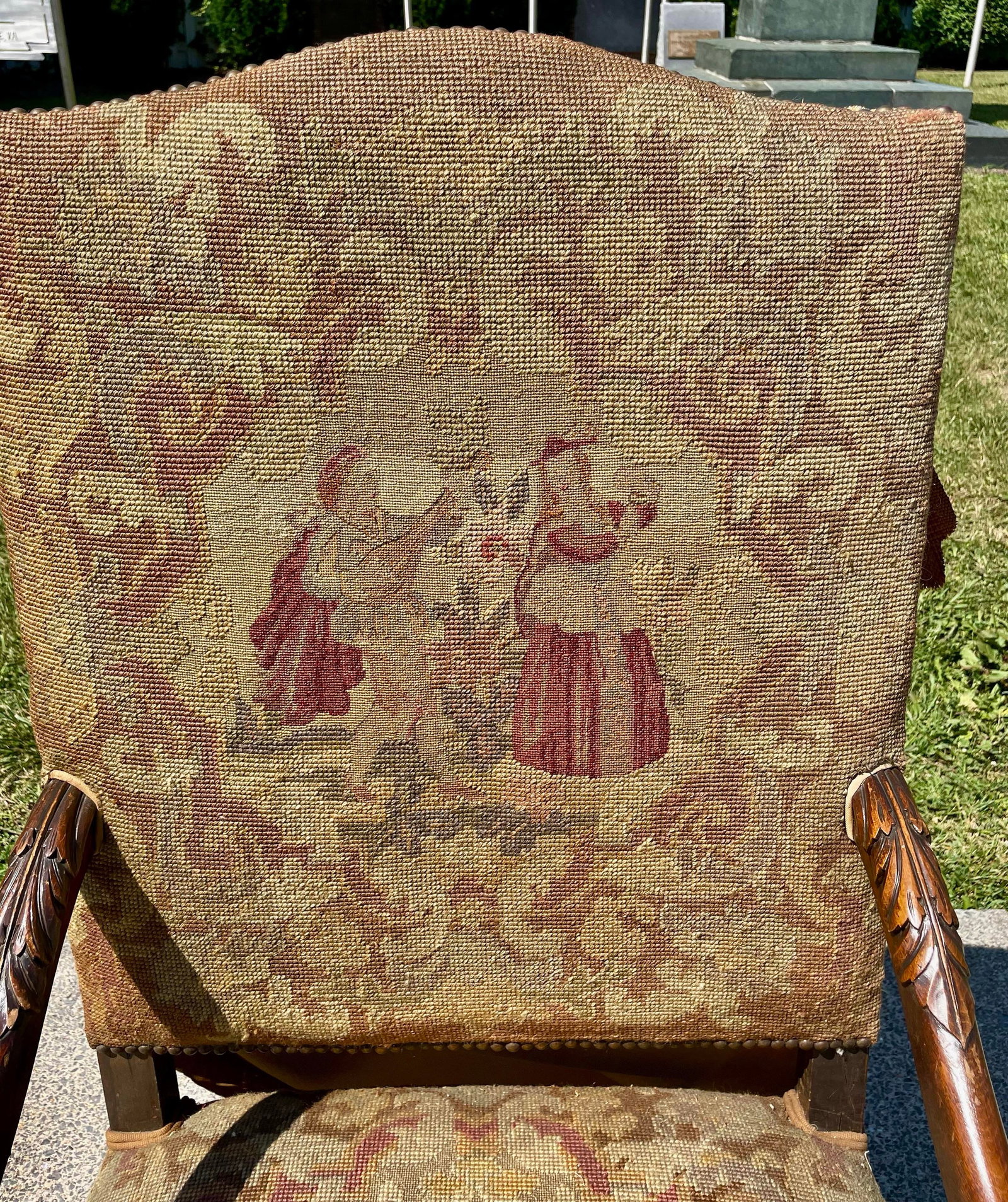 Late 19th Century Victorian Carved Wood Distressed Needlepoint Armchair Tall Back Throne Chair - 10