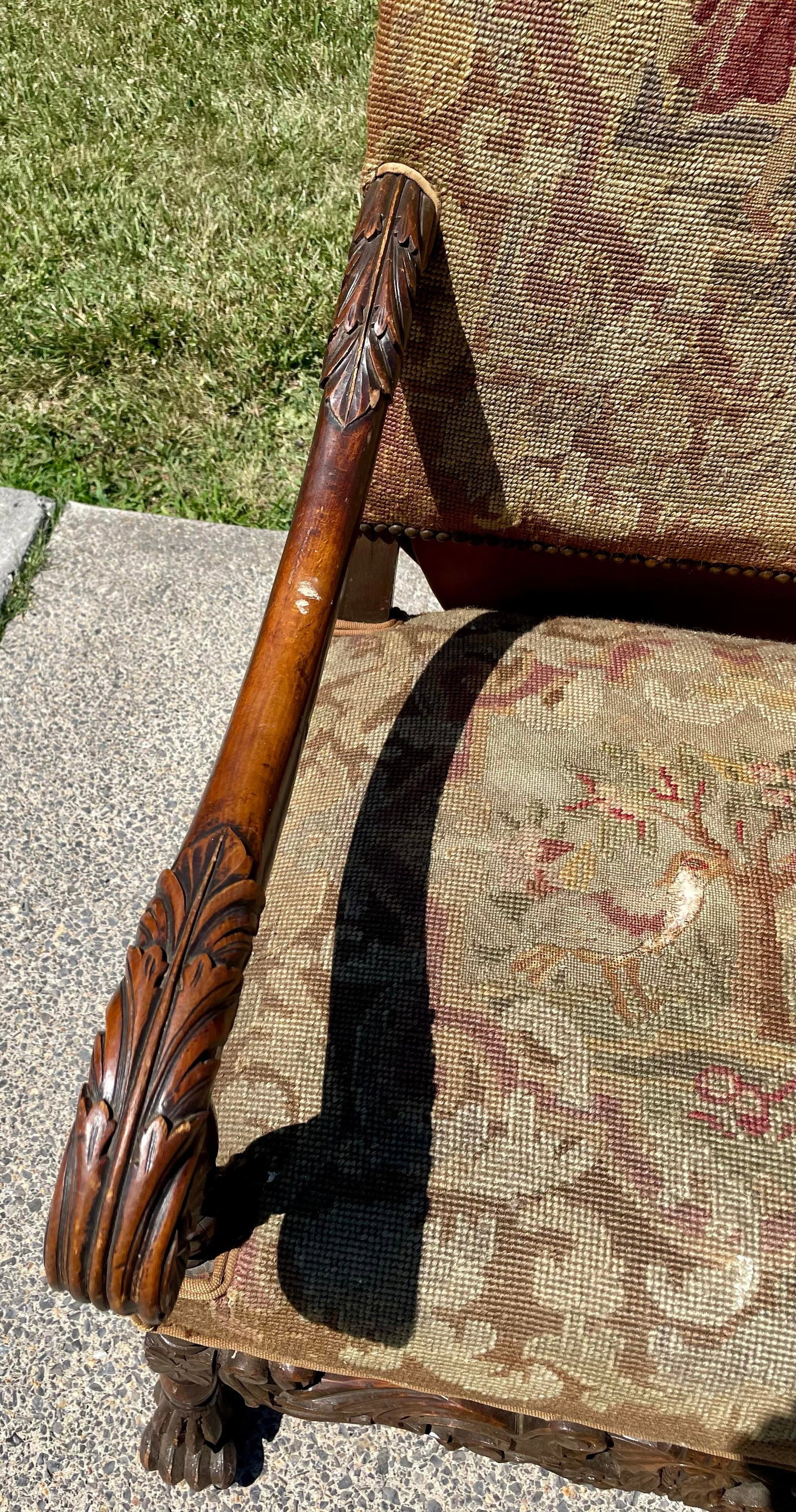 Late 19th Century Victorian Carved Wood Distressed Needlepoint Armchair Tall Back Throne Chair - 11