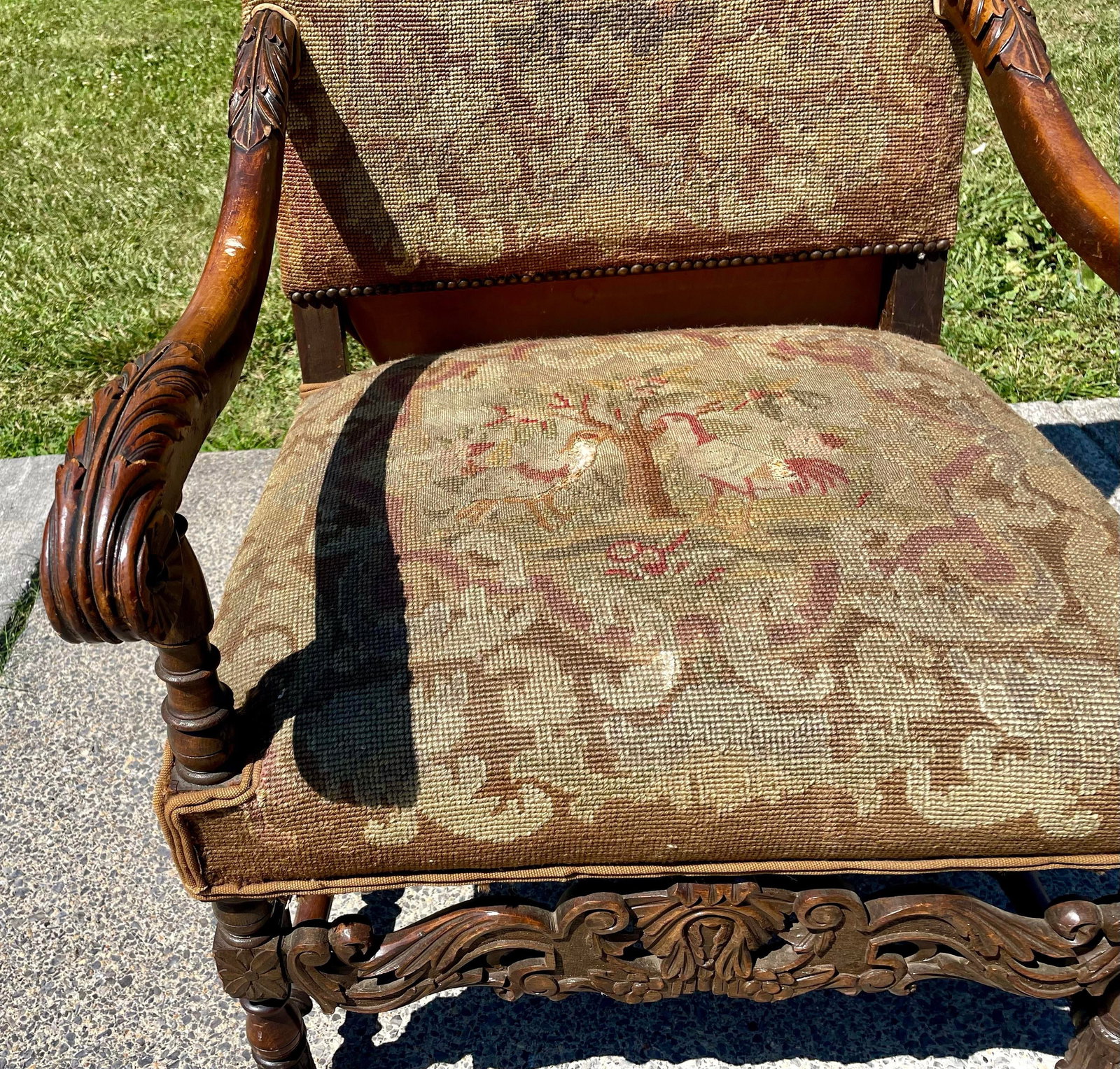 Late 19th Century Victorian Carved Wood Distressed Needlepoint Armchair Tall Back Throne Chair - 12