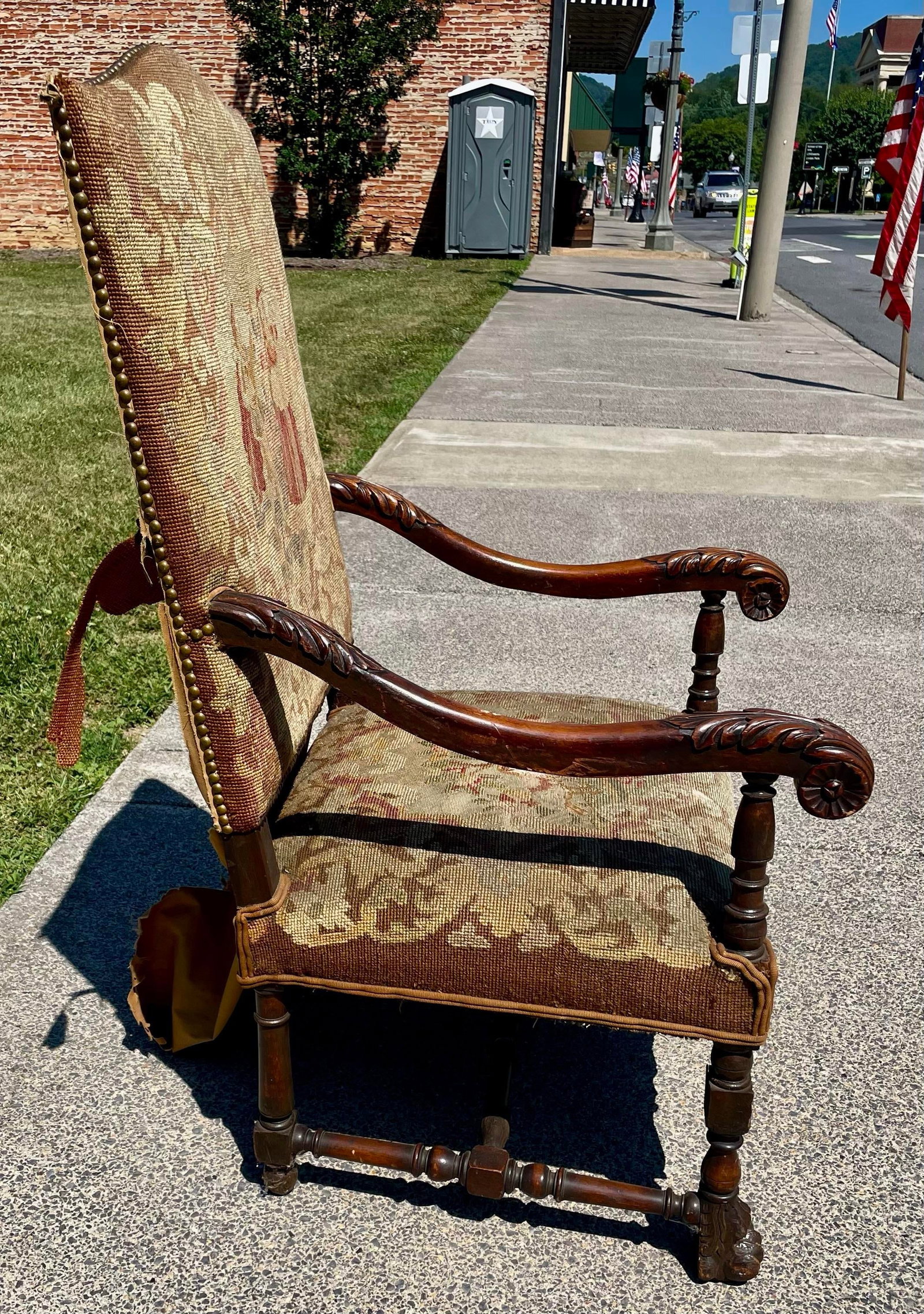 Late 19th Century Victorian Carved Wood Distressed Needlepoint Armchair Tall Back Throne Chair - 2
