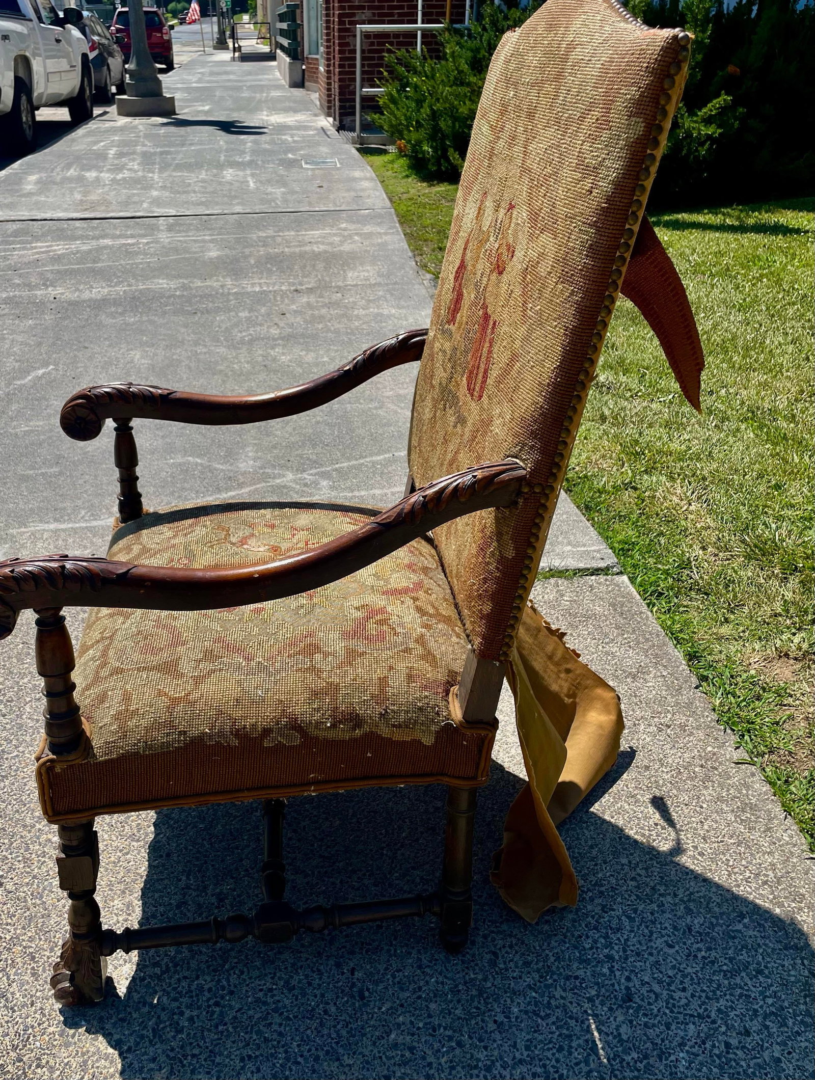 Late 19th Century Victorian Carved Wood Distressed Needlepoint Armchair Tall Back Throne Chair - 4