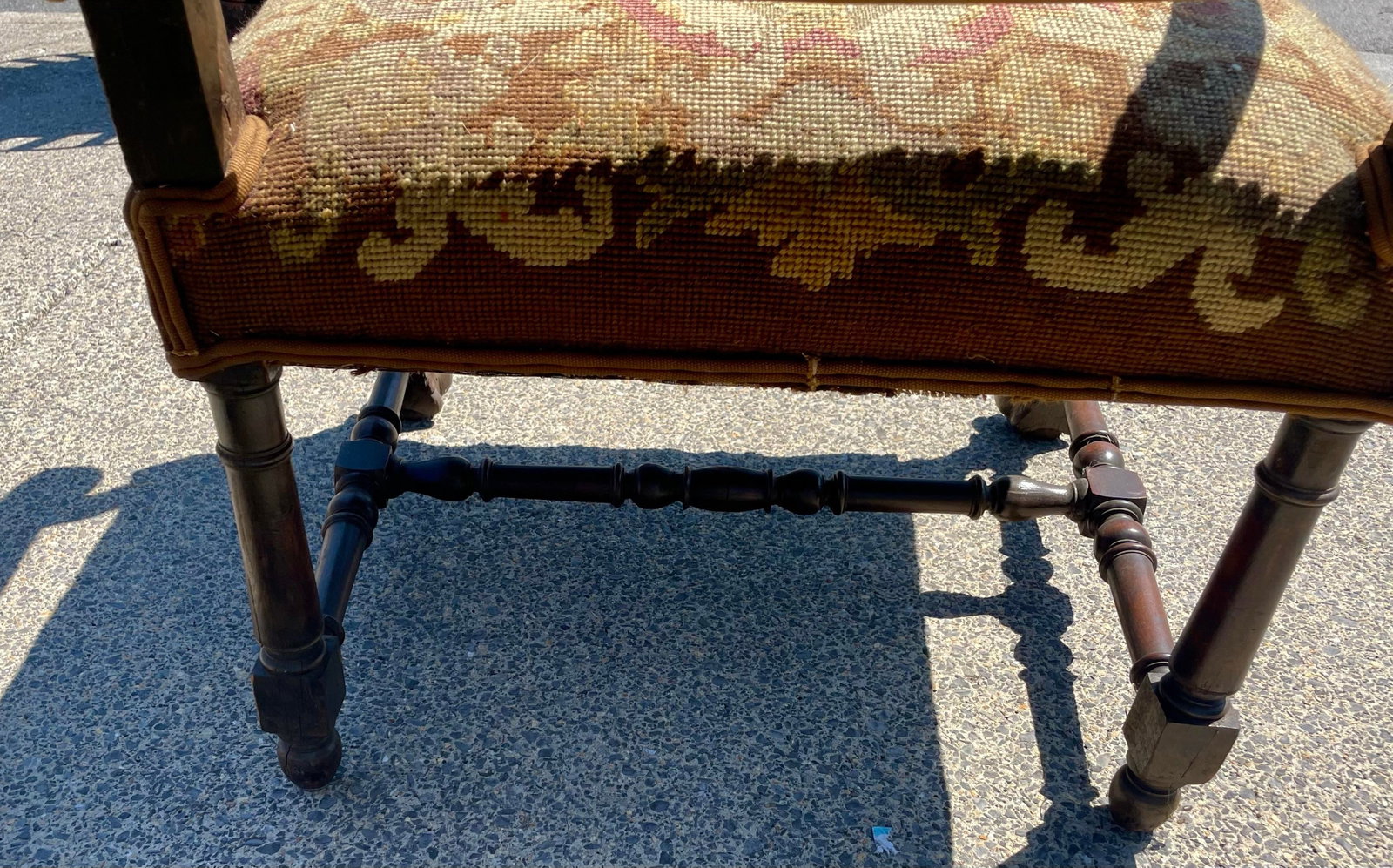 Late 19th Century Victorian Carved Wood Distressed Needlepoint Armchair Tall Back Throne Chair - 6