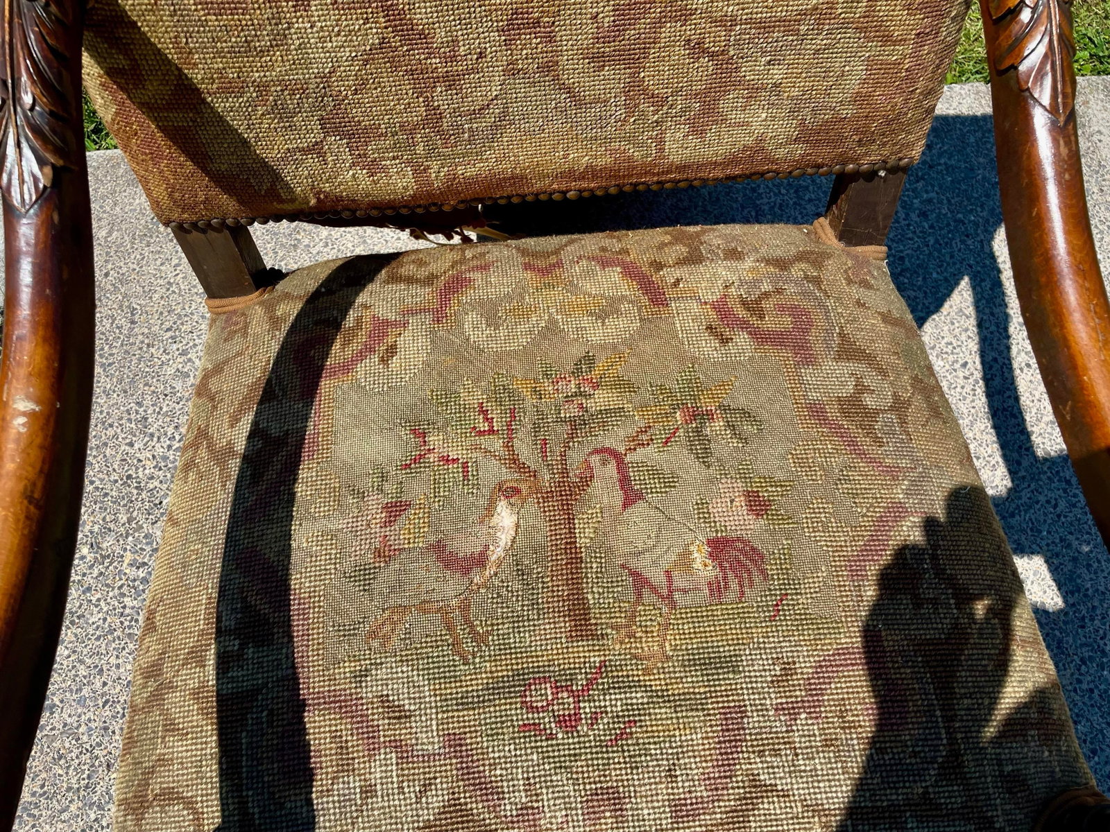 Late 19th Century Victorian Carved Wood Distressed Needlepoint Armchair Tall Back Throne Chair - 7