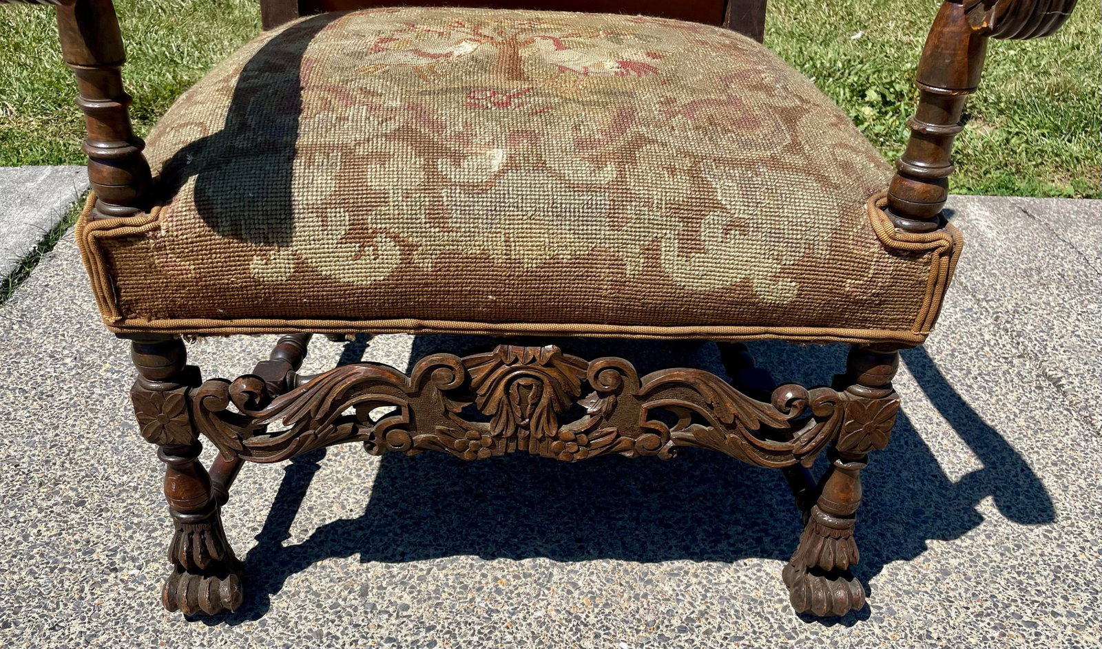 Late 19th Century Victorian Carved Wood Distressed Needlepoint Armchair Tall Back Throne Chair - 8