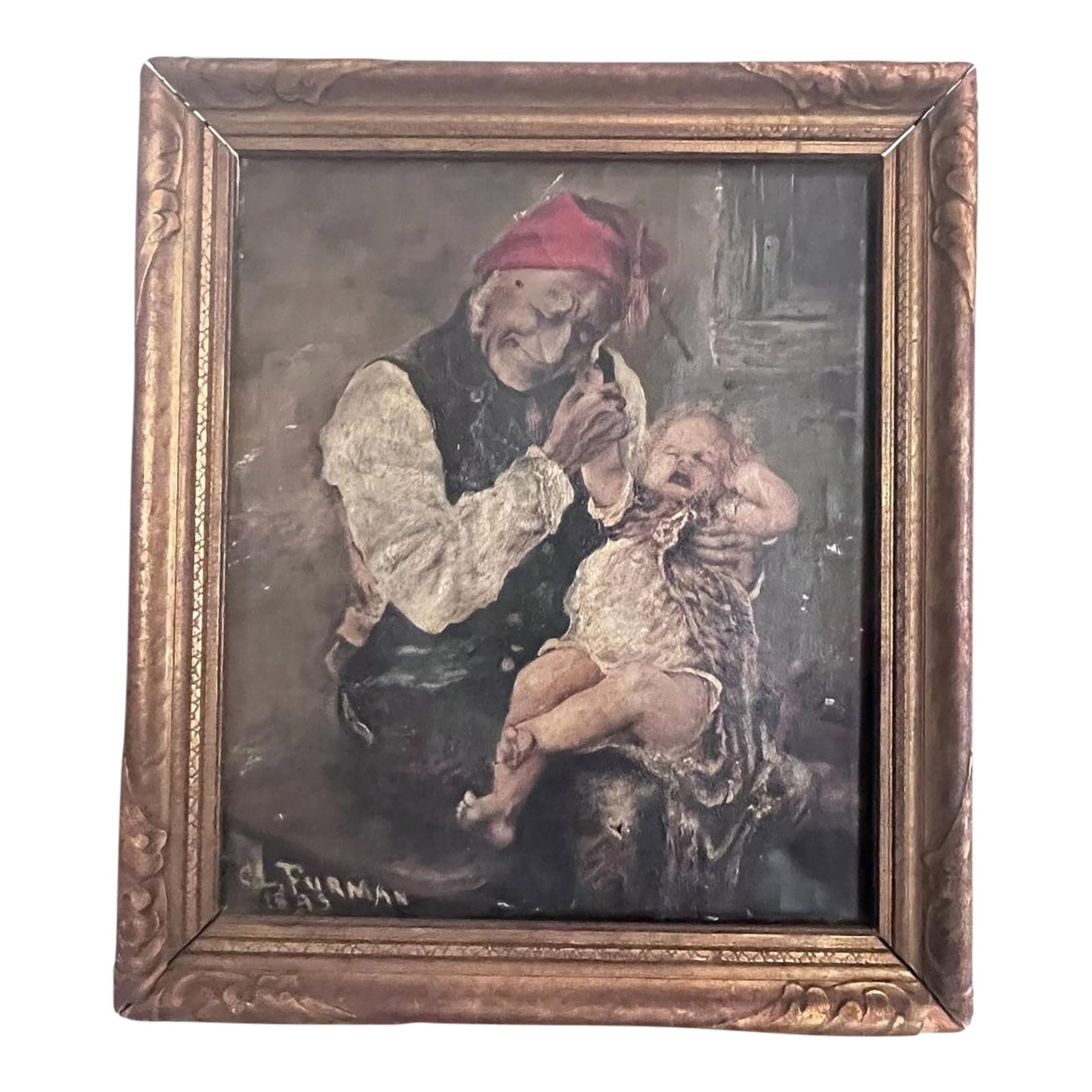 Antique 1895 Victorian Genre Oil Painting by C. L. Furman – Signed & Dated: A charming late 19th-century genre oil painting depicting an elderly woman playfully startling a crying child. Signed C. L. Furman and dated 1895, this intimate composition exemplifies the humorous