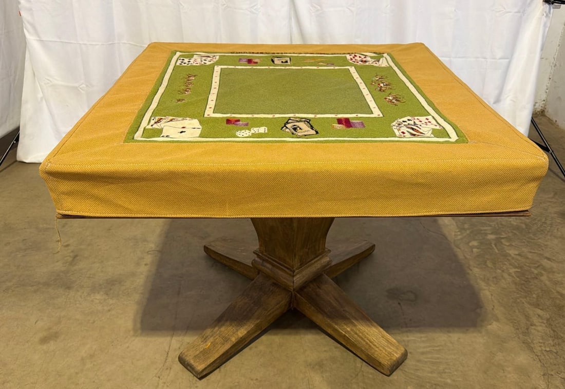 Bespoke 1975 Custom Needlepoint & Oak Pedestal Game Table With Matching Cover - 13