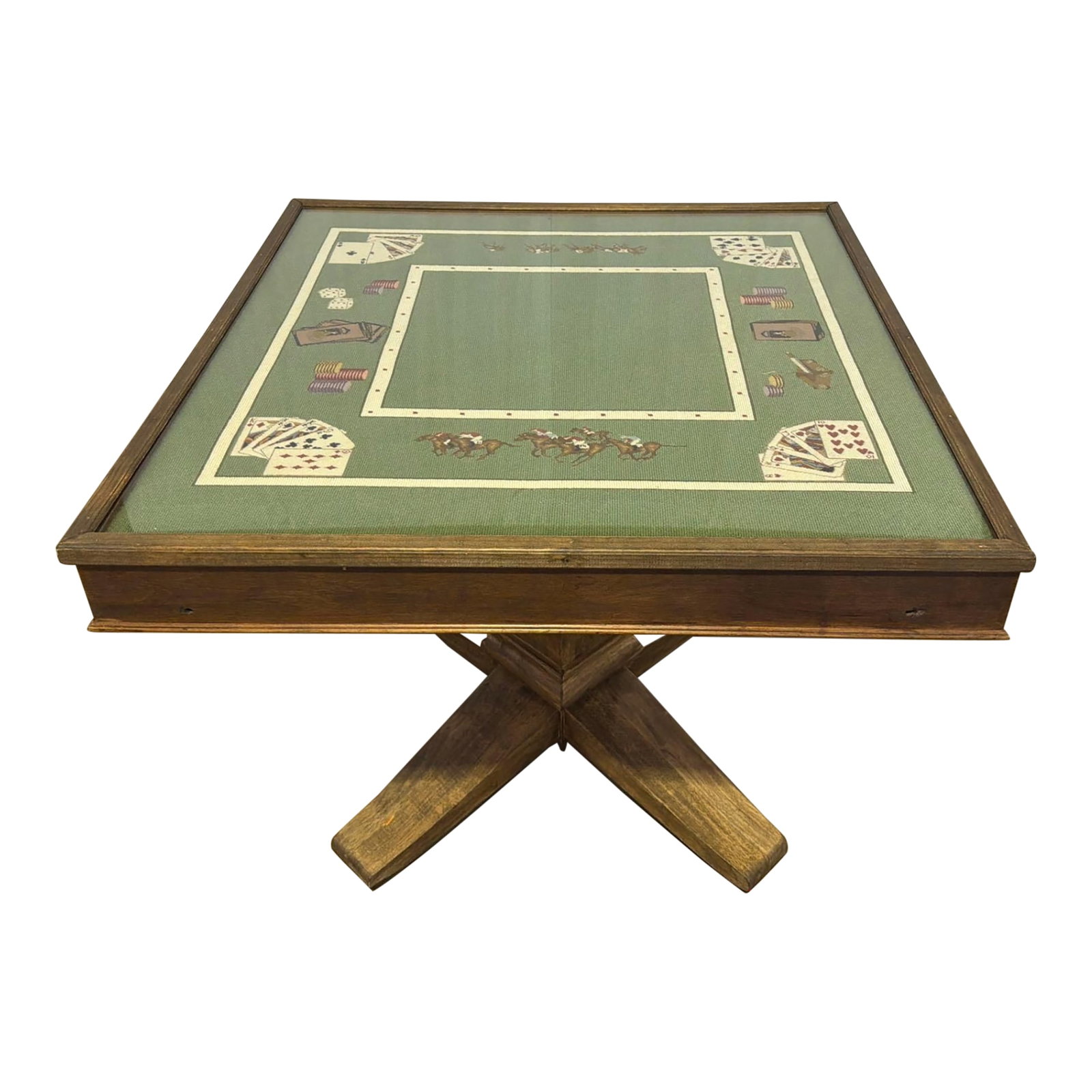 Bespoke 1975 Custom Needlepoint & Oak Pedestal Game Table With Matching Cover: Introduce an unparalleled element of bespoke historical luxury to your interior with this extraordinary, one-of-a-kind custom needlepoint game table. Commissioned and meticulously hand-executed in the