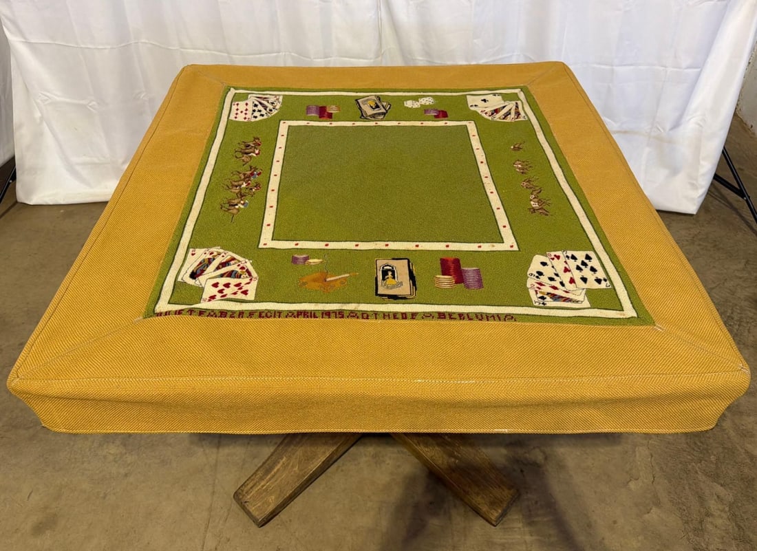 Bespoke 1975 Custom Needlepoint & Oak Pedestal Game Table With Matching Cover - 2