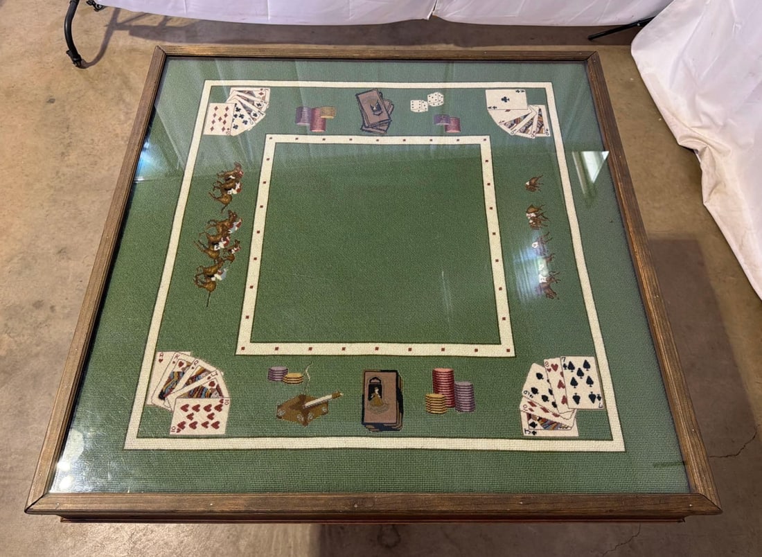 Bespoke 1975 Custom Needlepoint & Oak Pedestal Game Table With Matching Cover - 3