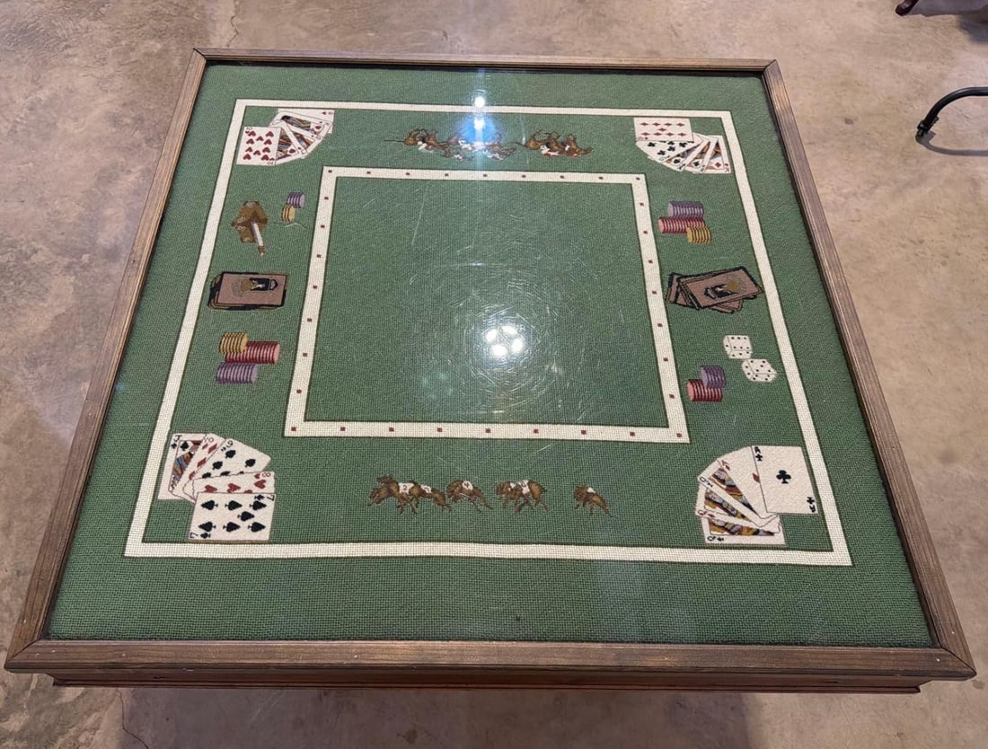 Bespoke 1975 Custom Needlepoint & Oak Pedestal Game Table With Matching Cover - 4