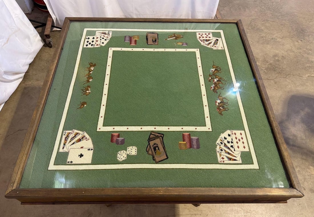 Bespoke 1975 Custom Needlepoint & Oak Pedestal Game Table With Matching Cover - 5