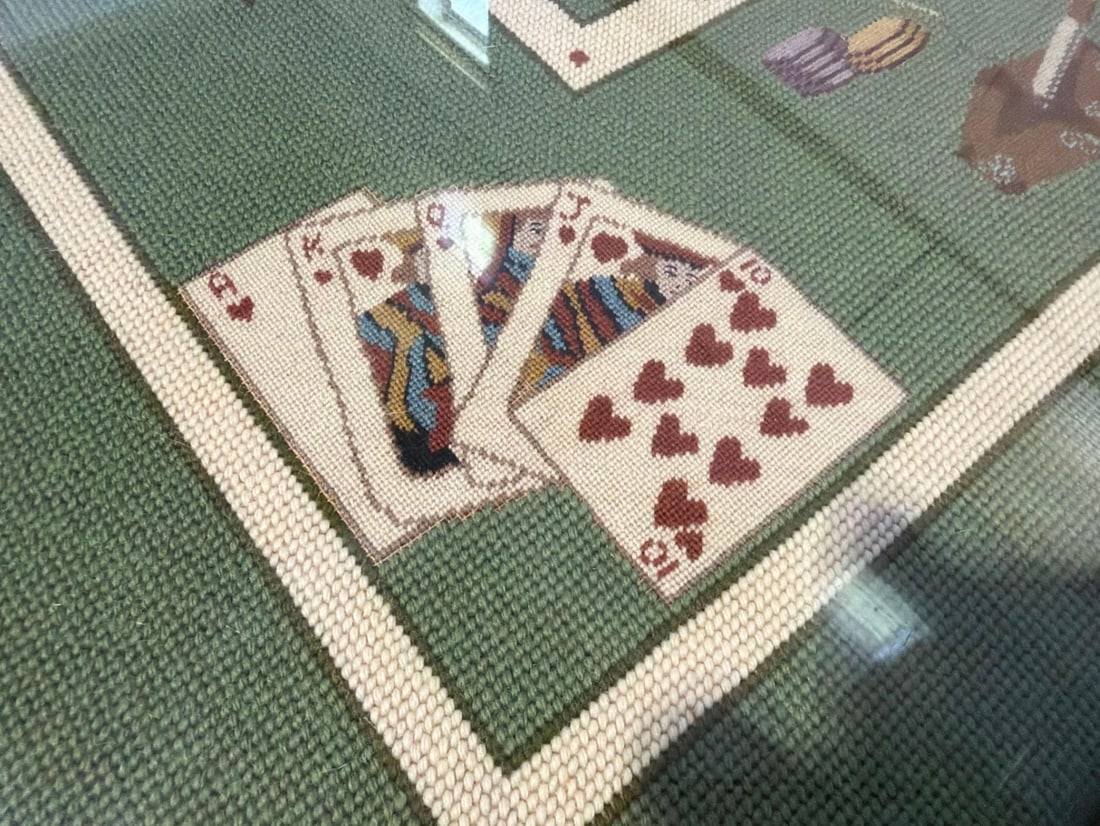 Bespoke 1975 Custom Needlepoint & Oak Pedestal Game Table With Matching Cover - 7