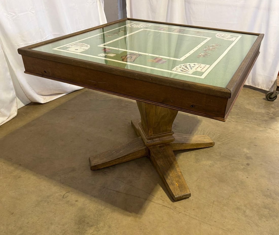Bespoke 1975 Custom Needlepoint & Oak Pedestal Game Table With Matching Cover - 8