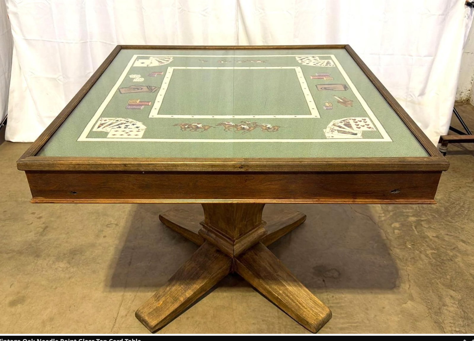 Bespoke 1975 Custom Needlepoint & Oak Pedestal Game Table With Matching Cover - 9