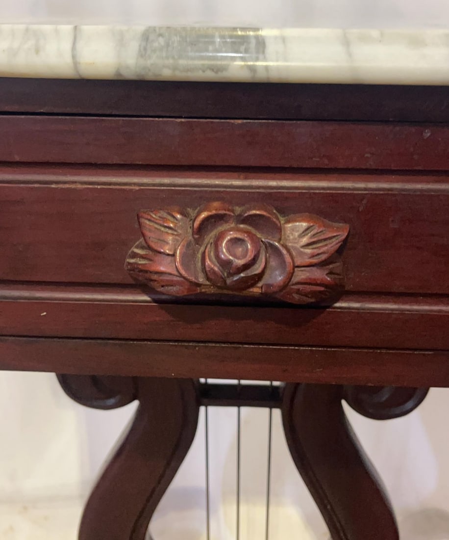 Antique American Empire Style Mahogany Lyre Parlor Tables With Distinct Italian Marble Tops - A Pair - 2