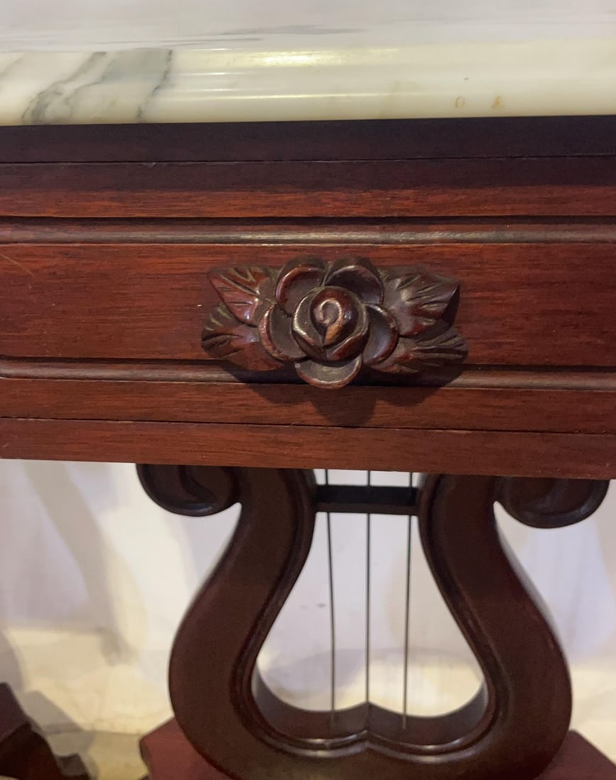 Antique American Empire Style Mahogany Lyre Parlor Tables With Distinct Italian Marble Tops - A Pair - 3