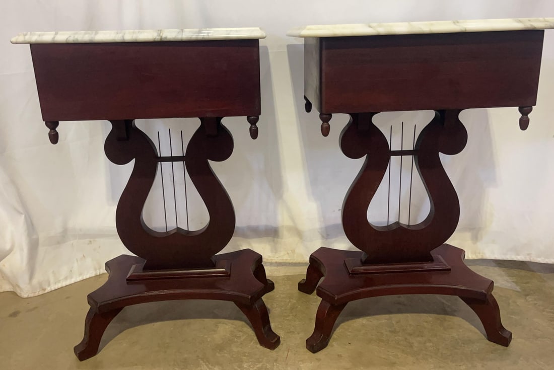 Antique American Empire Style Mahogany Lyre Parlor Tables With Distinct Italian Marble Tops - A Pair - 7