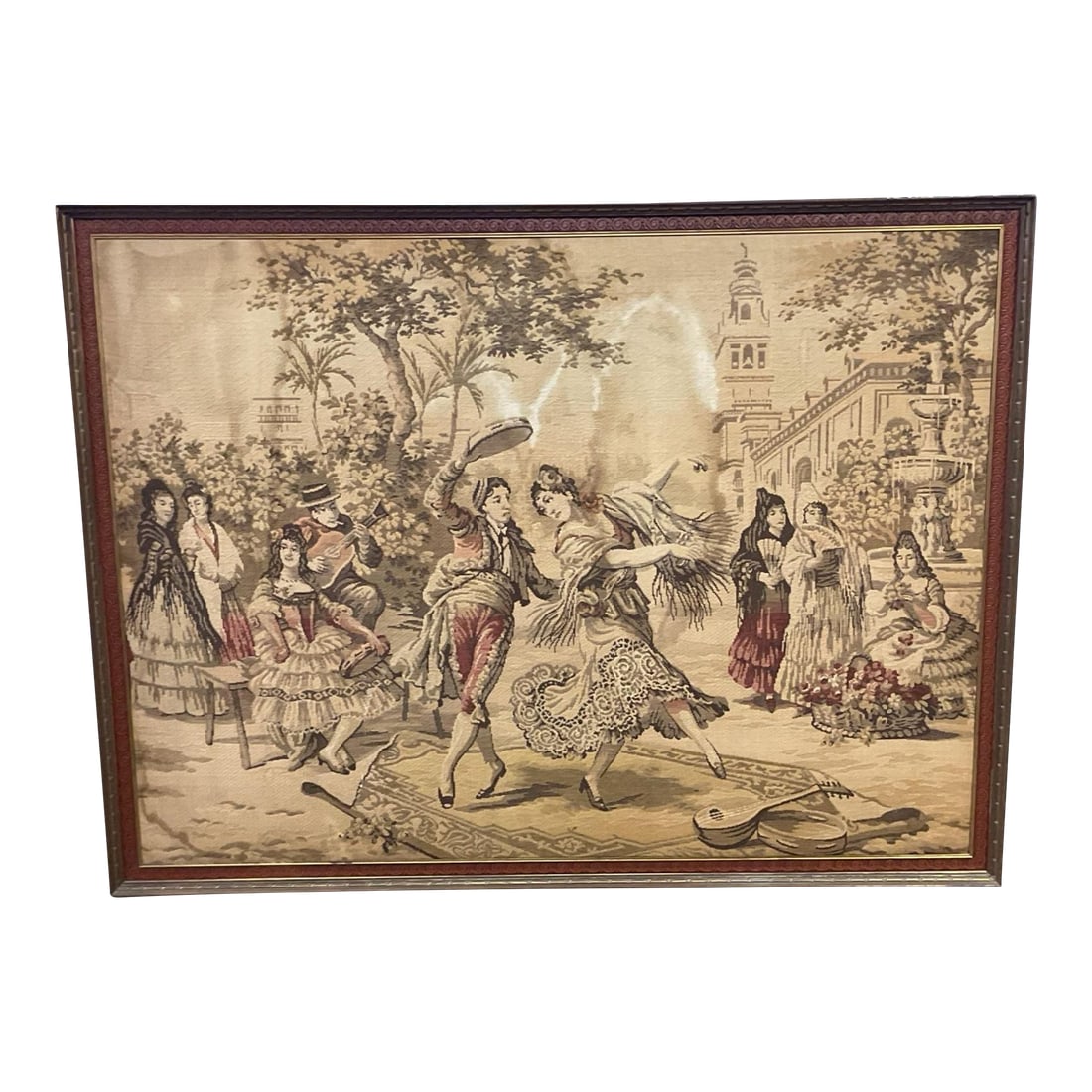 Monumental 6-Foot European Goya Tapestry "The Spanish Dance" in Deep Carved Wood Frame: A breathtaking and truly monumental early 20th-century European machine-woven scenic tapestry, beautifully capturing a lively, romanticized rendition of Francisco de Goya's iconic traditional themes,