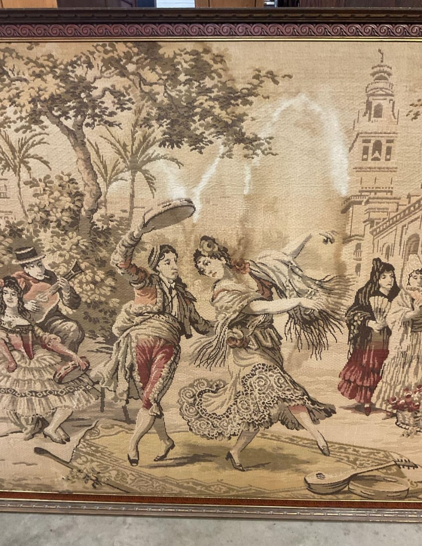 Monumental 6-Foot European Goya Tapestry "The Spanish Dance" in Deep Carved Wood Frame - 2