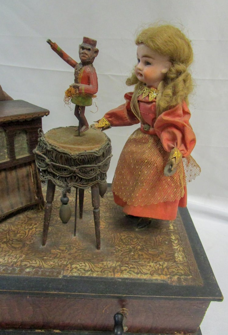 Automaton German Zinner & Sohn Musical Toy W Children & Organ Grinder Monkey - 12
