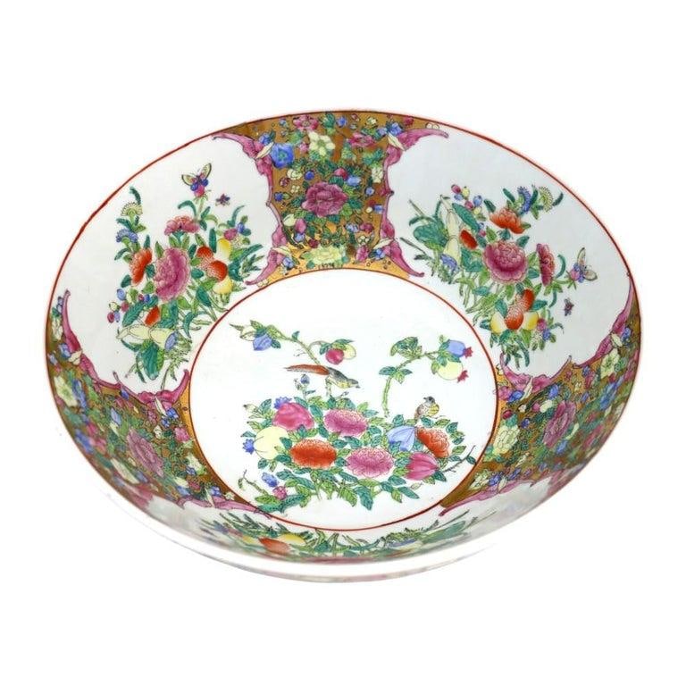 Oversized Chinese Rose Medallion Punch Bowl Flower Garden & Butterflies C1930 - 10