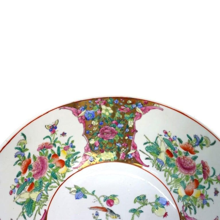 Oversized Chinese Rose Medallion Punch Bowl Flower Garden & Butterflies C1930 - 12