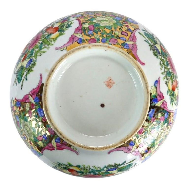 Oversized Chinese Rose Medallion Punch Bowl Flower Garden & Butterflies C1930 - 14