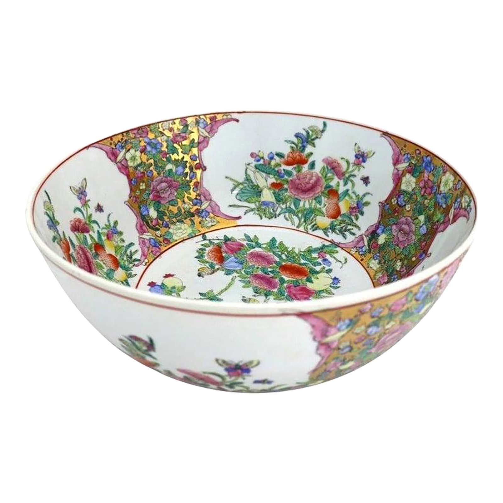 Oversized Chinese Rose Medallion Punch Bowl Flower Garden & Butterflies C1930: An antique Chinese Rose Medallion porcelain punch bowl, dating to circa 1930. This exquisite piece features the classic Rose Medallion pattern, characterized by intricate panels of hand-painted