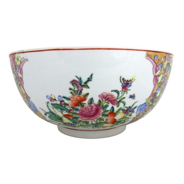 Oversized Chinese Rose Medallion Punch Bowl Flower Garden & Butterflies C1930 - 2