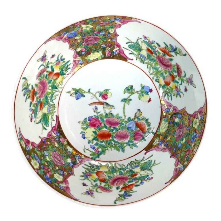 Oversized Chinese Rose Medallion Punch Bowl Flower Garden & Butterflies C1930 - 3