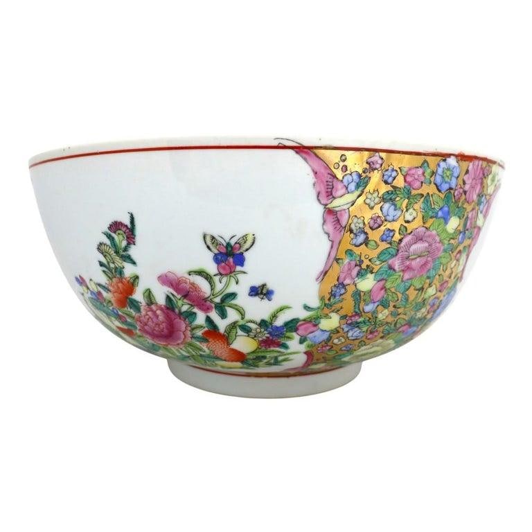 Oversized Chinese Rose Medallion Punch Bowl Flower Garden & Butterflies C1930 - 4