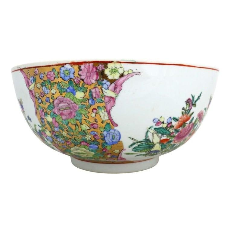 Oversized Chinese Rose Medallion Punch Bowl Flower Garden & Butterflies C1930 - 7