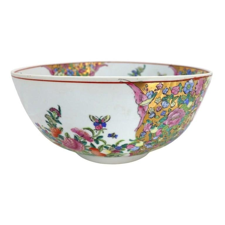 Oversized Chinese Rose Medallion Punch Bowl Flower Garden & Butterflies C1930 - 9
