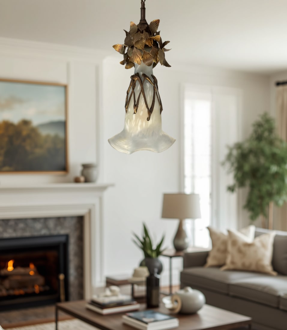 Vintage Filip Ravert Romblast White Frosted Romblast Shade Tole Pendant Light - 11