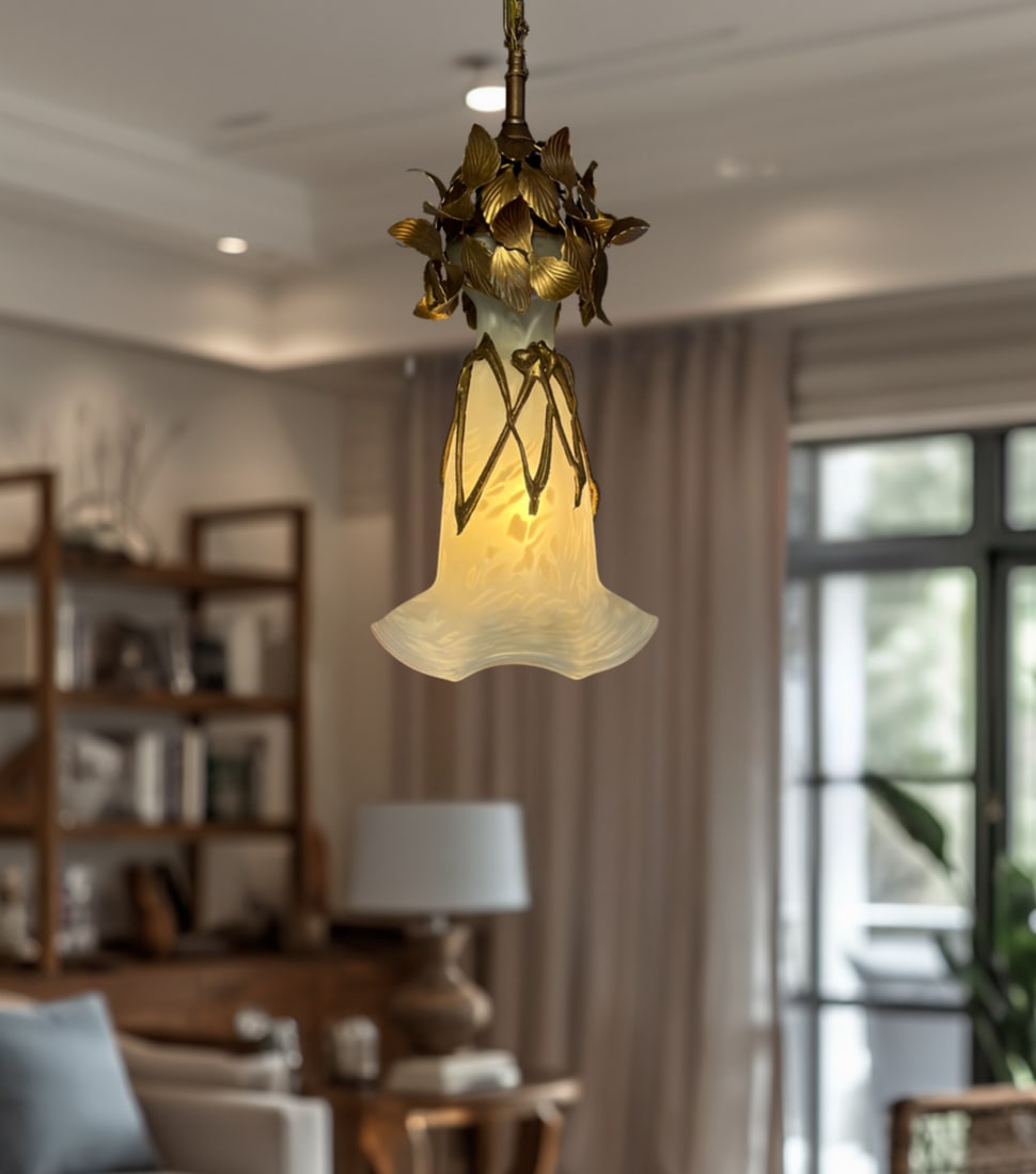 Vintage Filip Ravert Romblast White Frosted Romblast Shade Tole Pendant Light - 13