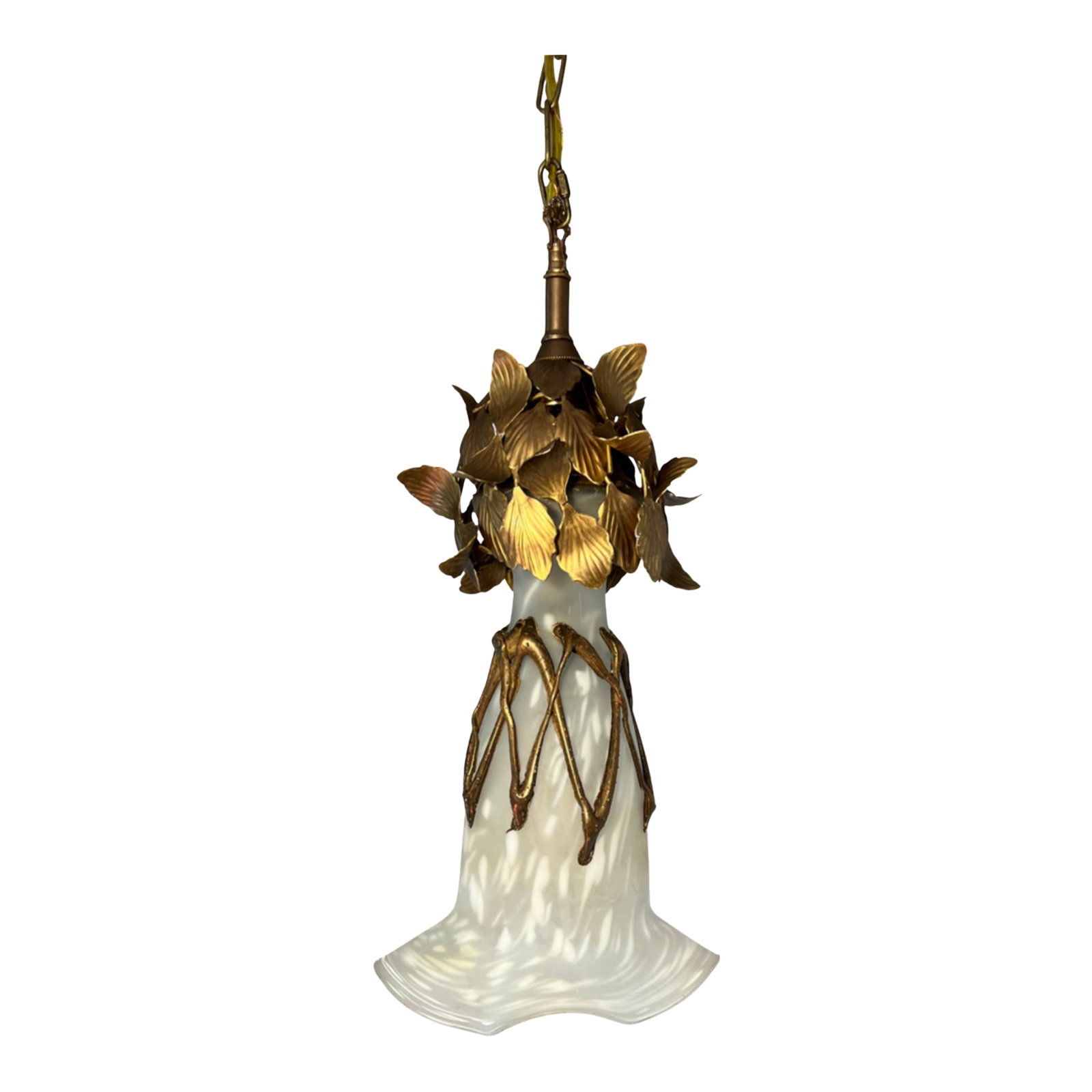 Vintage Filip Ravert Romblast White Frosted Romblast Shade Tole Pendant Light: This unique pendant light showcases a sculptural, organic form deeply rooted in vintage Art Nouveau design. At its center is mouth"‘blown glass by esteemed glass artist Filip Ravert of Romblast