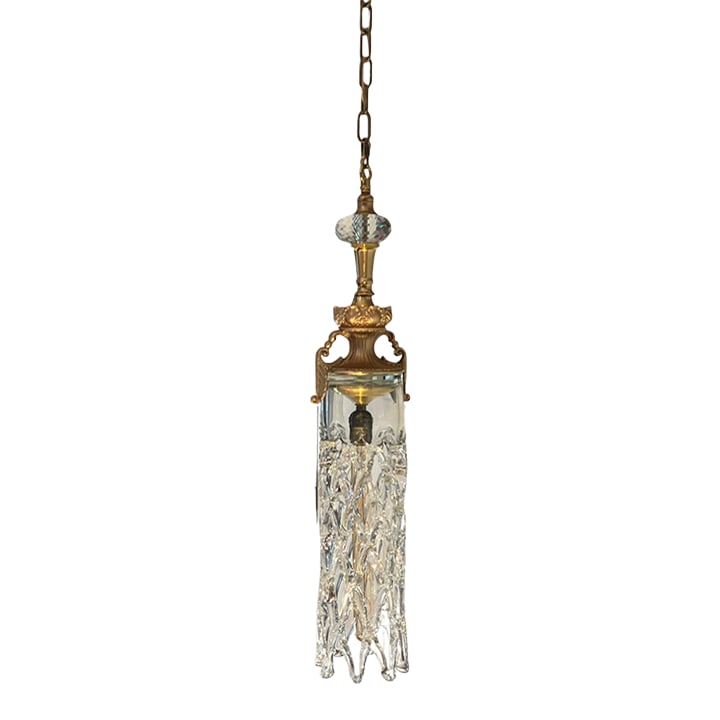 Mid 20th Century Murano Open Clear Lattice Cylinder Ormolu Pendant Light: This pendant light combines Murano hand"‘blown cylindrical open"‘lattice glass with antique ormolu lamp components, forming a tall, elegant silhouette measuring 28 inches in height and abo