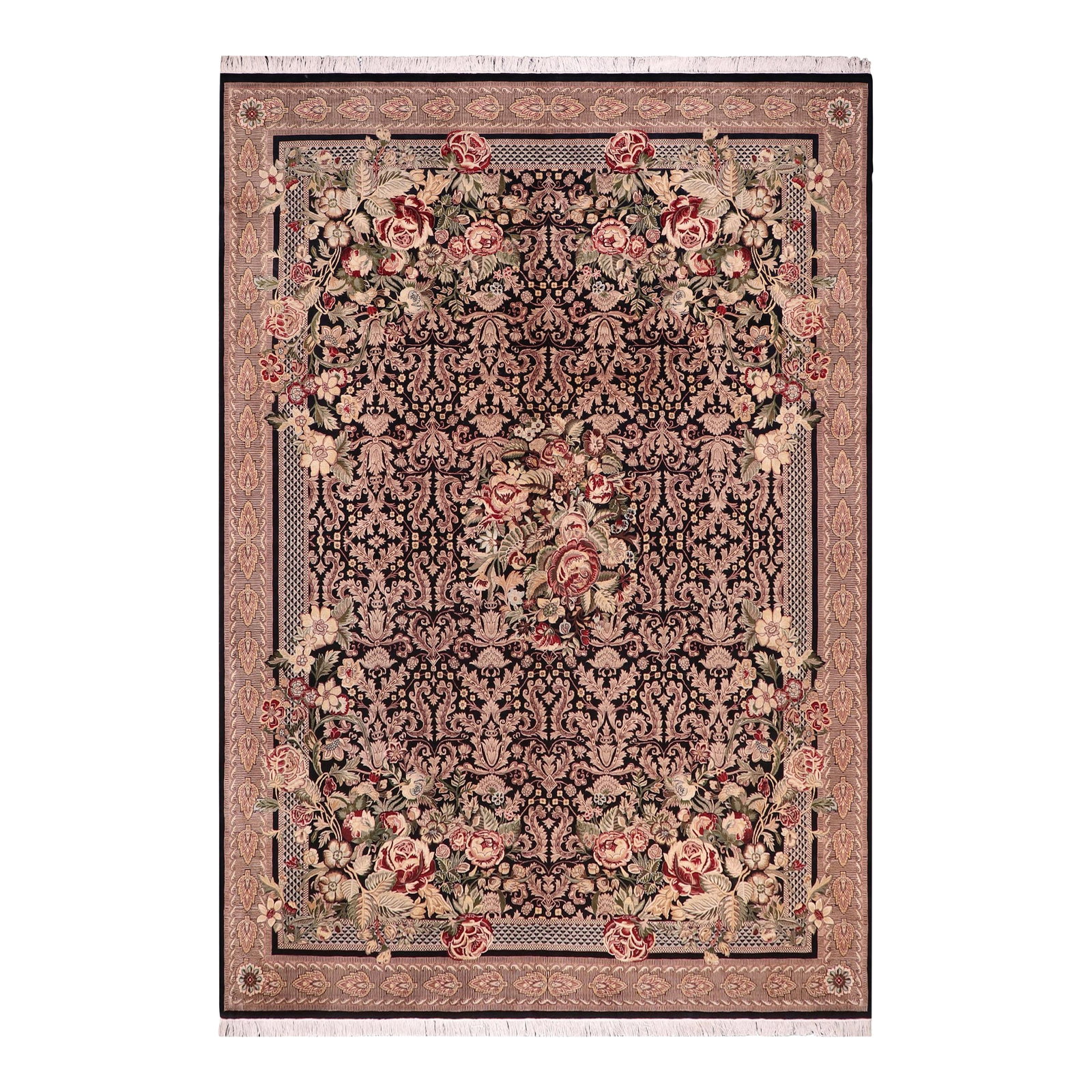 Art Nouveau Inspired 1990's Pak-Persian Black/Tan Wool Rug - 10'1'' X 14'0'': Designed with mesmerizing intricacy and gorgeous color palette, this hand-knotted masterpiece demonstrates the beauty and electrifying thrill of Pak Persian art. These meticulously hand-knotted