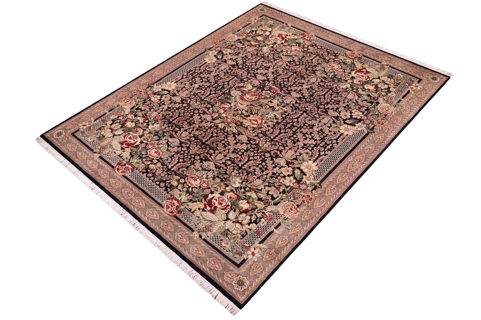 Art Nouveau Inspired 1990's Pak-Persian Black/Tan Wool Rug - 10'1'' X 14'0'' - 2