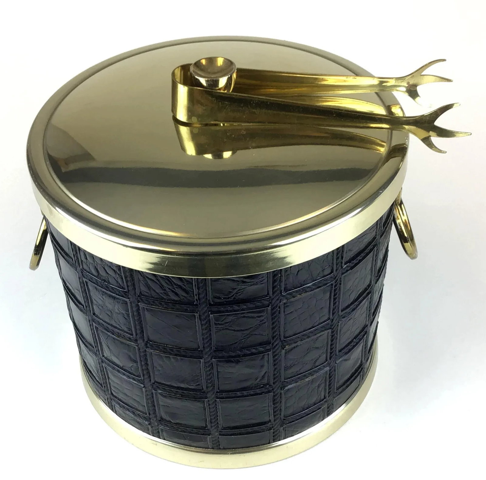 Vintage Mid Century Alligator Embossed Leather Ice Bucket With Tongs - 9