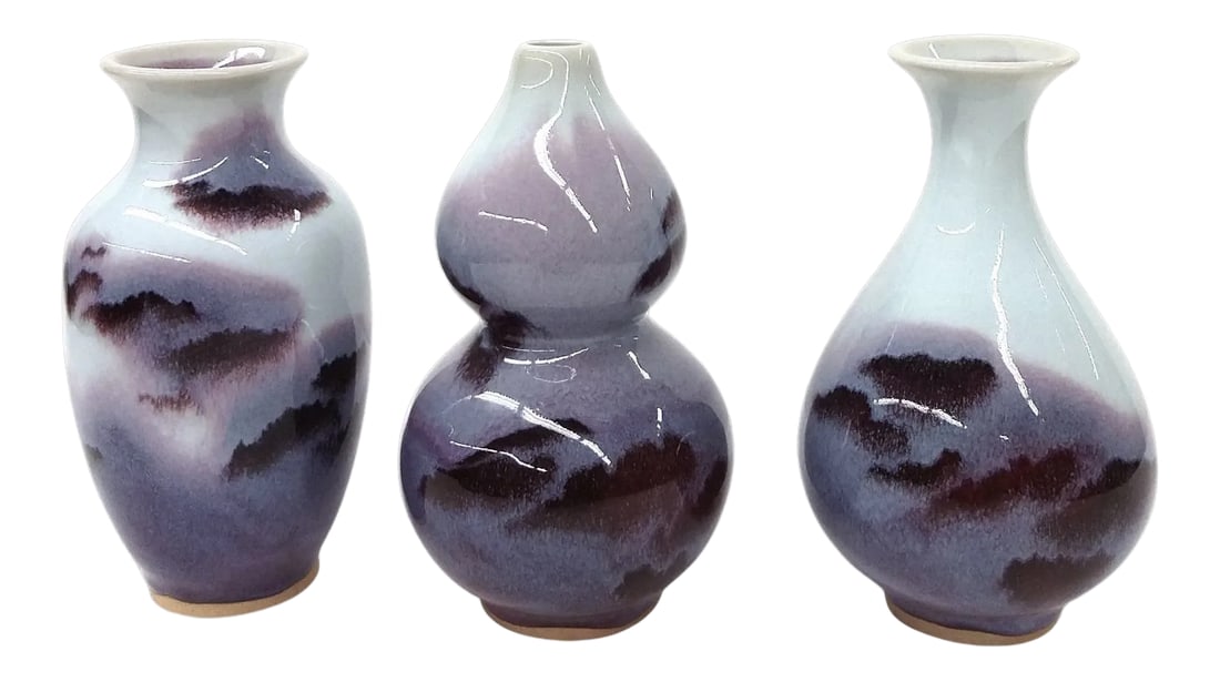 Chinese Jun Style Porcelain Vases - Set of 3: Gorgeous glaze effect on all 3 vases here in this collectible group. There are 3 styles of vases, all in the Chinese traditional shapes. All of these vases have a very pale blue/whitish background